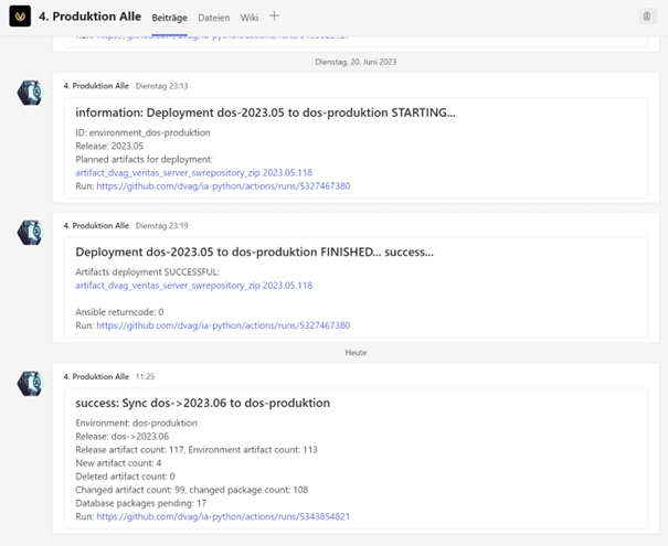 Statusmeldungen zum Build- und Deploy-Prozess können über Microsoft Teams Channels abonniert werden